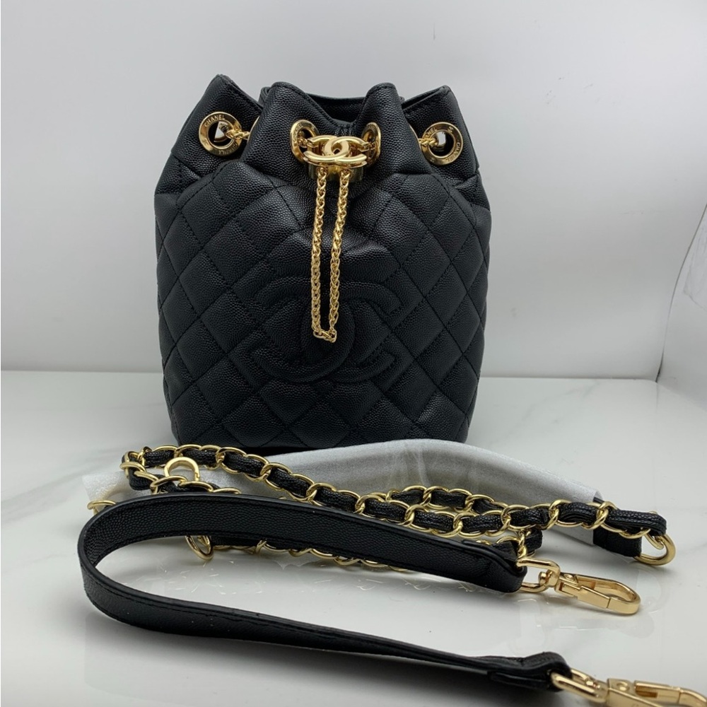 CHANEL VIP GWP Black Quilted Drawstring Bucket Bag with Gold Chain